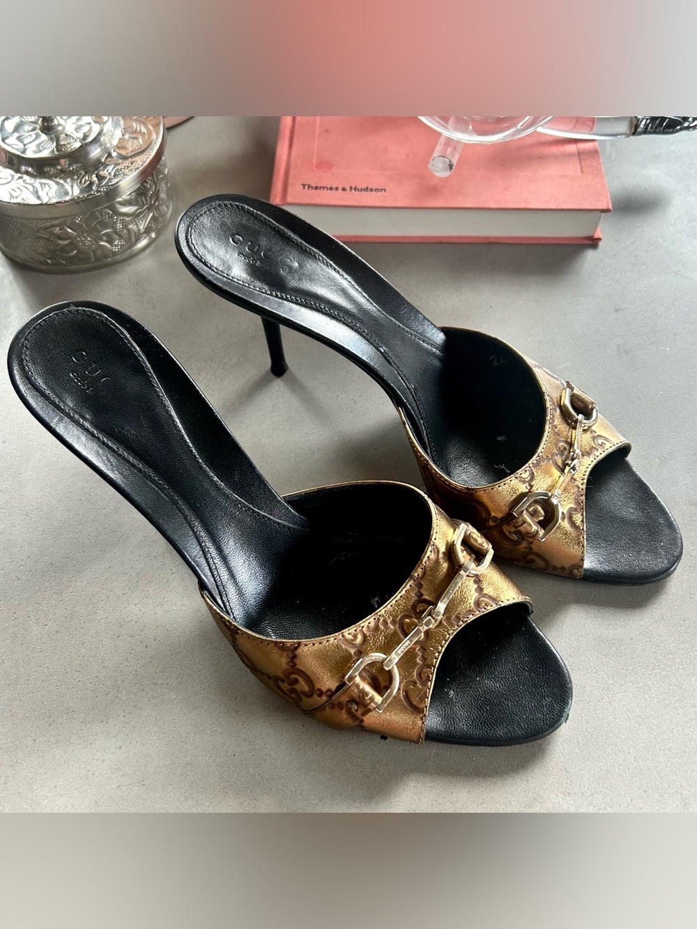 Gucci Monogram Horsebit Brown/Bronze Y2K Tom Ford Era Kitten Heel Mules, sz 8